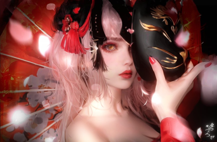 和风少女粉发红伞持面具暗红唯美动漫电脑壁纸