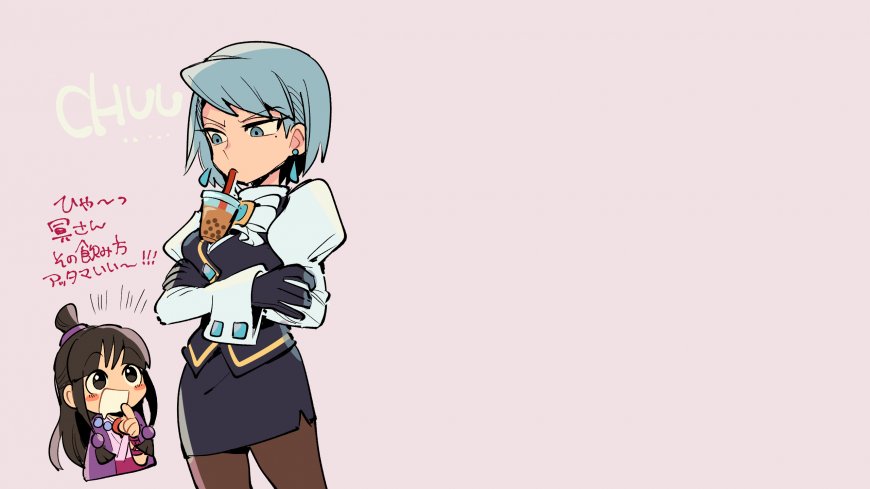 逆转裁判狩魔冥蓝发少女喝珍珠奶茶Q版趣味动漫电脑壁纸