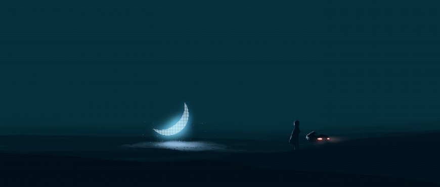 像素风格弯月发光悬浮夜空下少女静立旁有微光车辆深蓝暗调创意插画电脑壁纸
