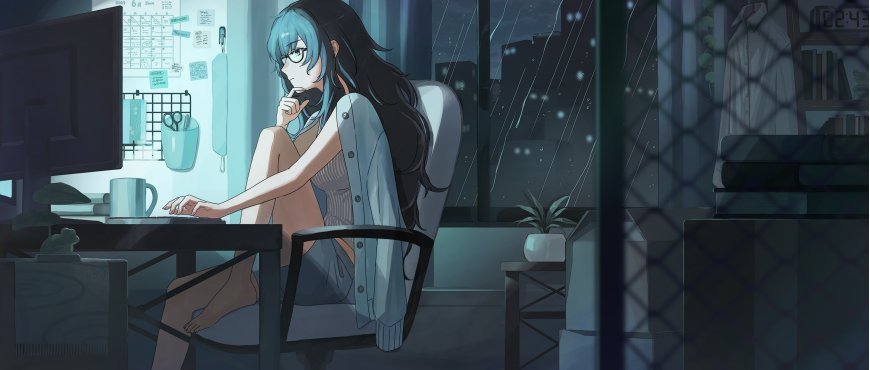 蓝发戴眼镜少女深夜办公沉思青灰动漫电脑壁纸