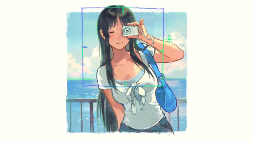 黑长直少女手持相机微笑蓝白清新动漫电脑壁纸