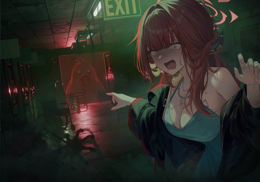 蔚蓝档案红发少女惊恐指向前方走廊恐怖氛围动漫电脑壁纸
