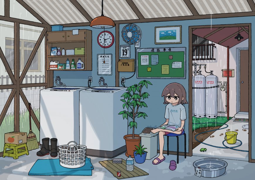 雨中洗衣房少女阅读日常蓝灰动漫电脑壁纸