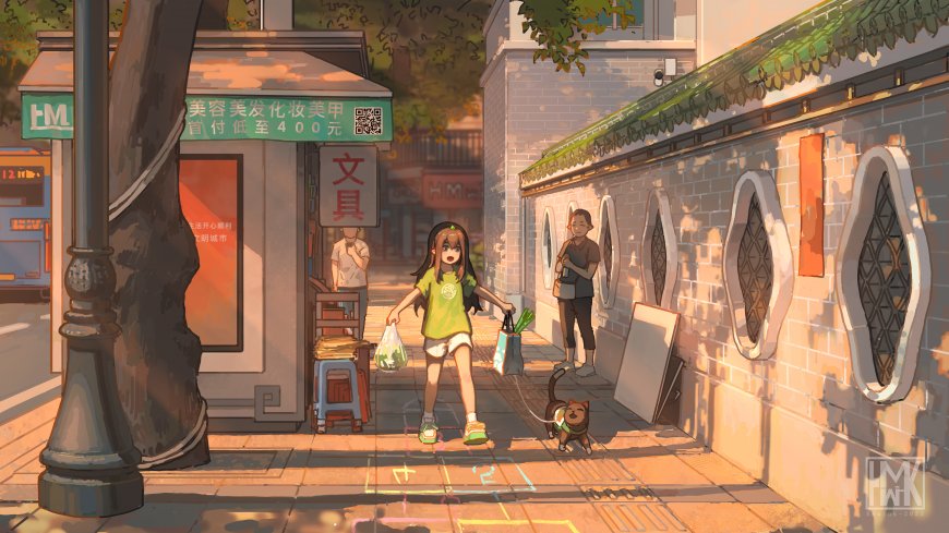 街头巷尾绿衣少女牵猫跳格子暖橙插画电脑壁纸