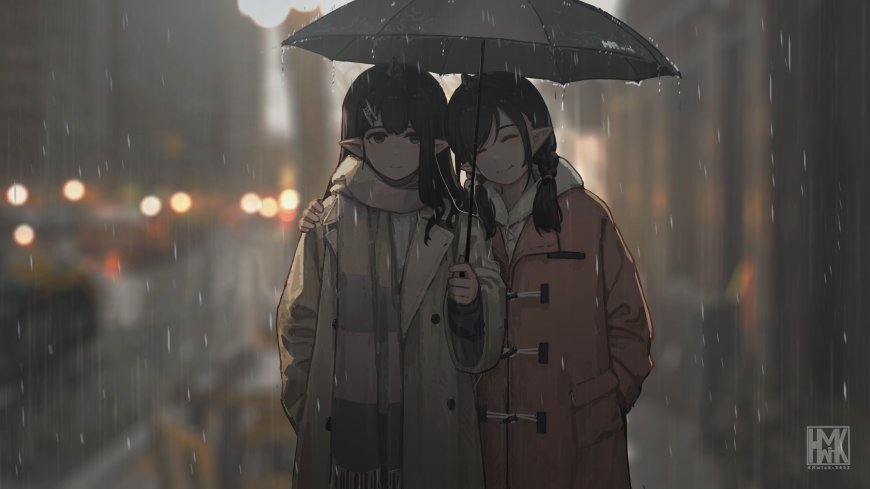 雨中撑伞精灵少女依偎灰褐暖调动漫电脑壁纸