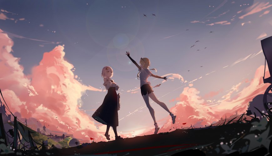 原神荧与派蒙夕阳天空少女动漫电脑壁纸