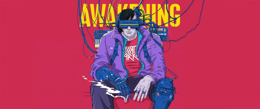 赛博朋克风格少年戴VR头盔机械义肢紫红科幻动漫电脑壁纸