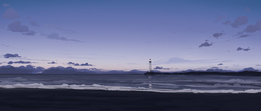 灯塔矗立海面远山层叠紫蓝渐变风景动漫电脑壁纸