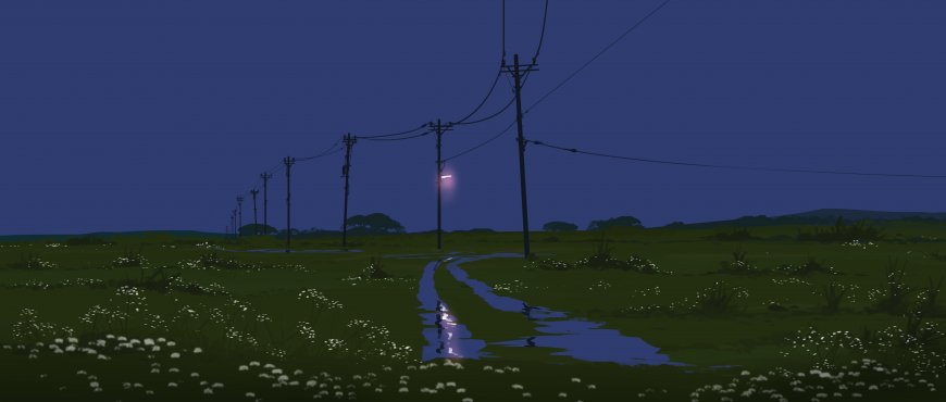 乡间小路夜景路灯倒影蓝绿动漫电脑壁纸