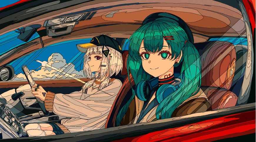 初音未来与白发少女驾驶红色跑车蓝绿撞色汽车动漫电脑壁纸