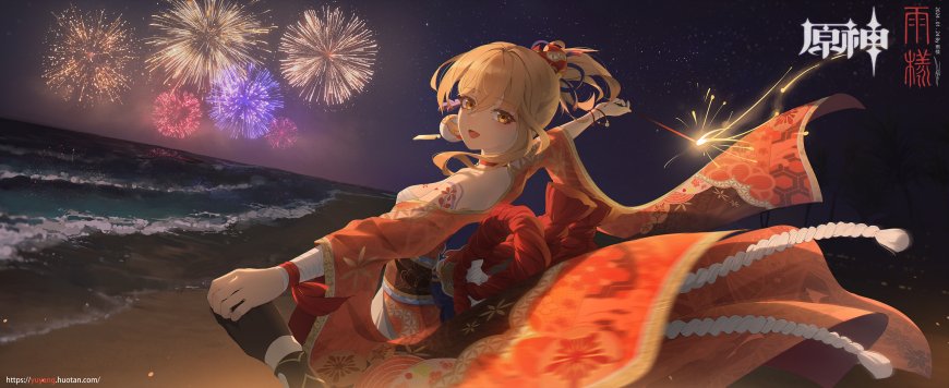 原神宵宫金发少女海滩烟花和服动漫电脑壁纸