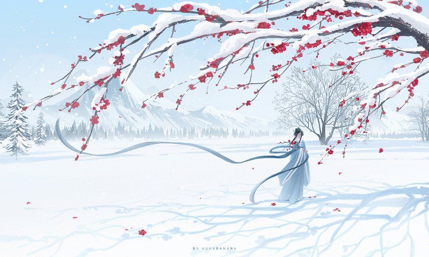 雪中红梅枝头绽放蓝衣古风少女飘带飞舞淡蓝白唯美古风电脑壁纸