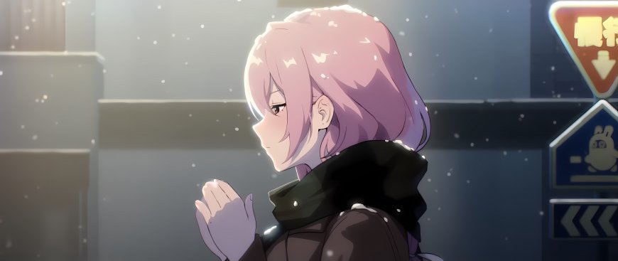 粉发少女雪中合掌侧颜蓝灰动漫电脑壁纸