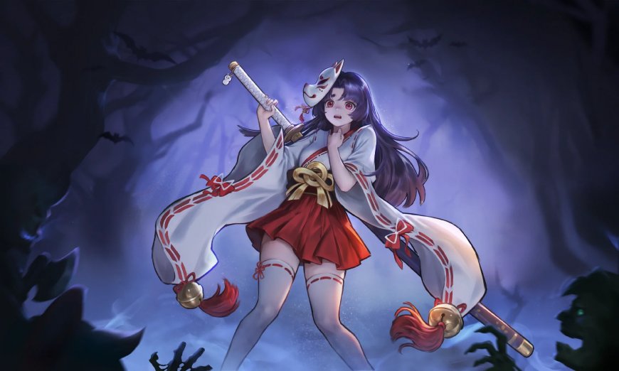 阴阳师神乐持剑戴狐面紫发红裙少女暗紫奇幻动漫电脑壁纸