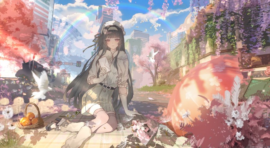 动漫少女樱花城市彩虹梦幻粉紫动漫电脑壁纸