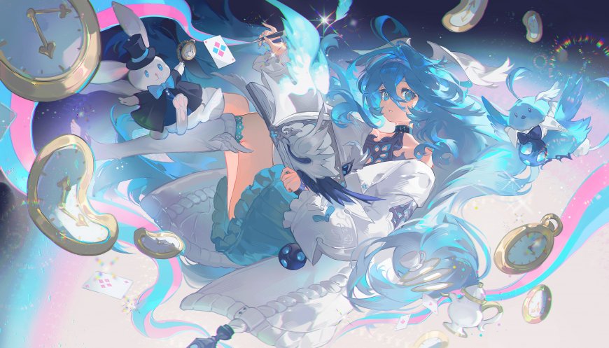 原神芙宁娜蓝发少女持书漂浮时钟扑克奇幻动漫电脑壁纸