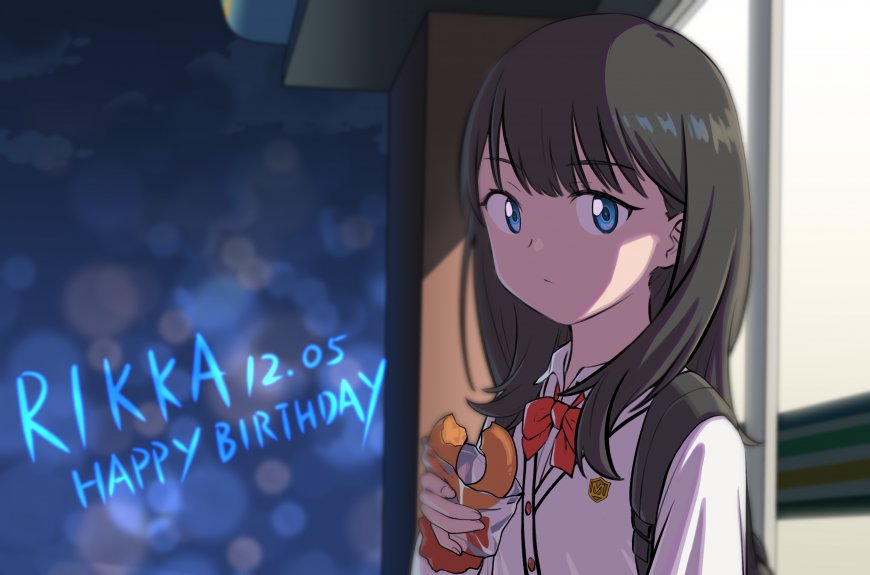 SSSS.GRIDMAN宝多六花黑发蓝瞳少女手持面包夜景生日动漫电脑壁纸