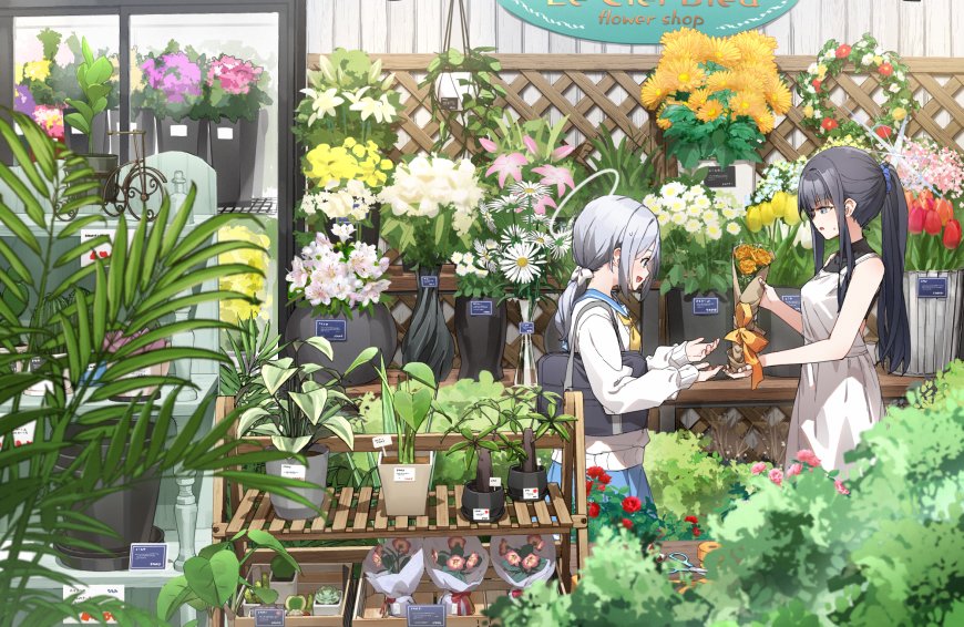 花店少女银发黑发互动绿意盎然花卉植物动漫电脑壁纸