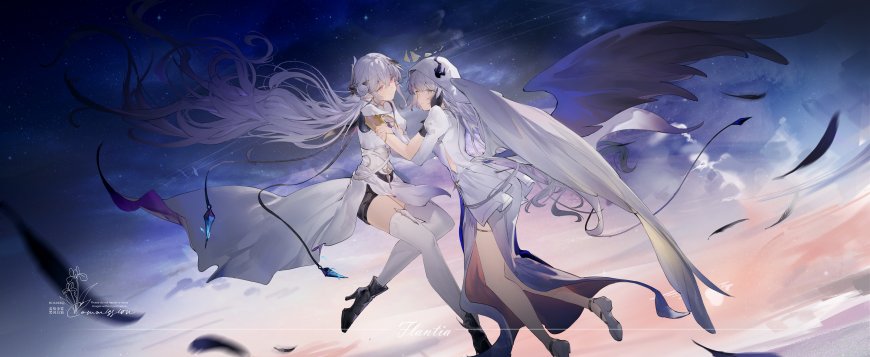 菲兰蒂亚双生少女银发白裙展翼星空蓝紫动漫电脑壁纸