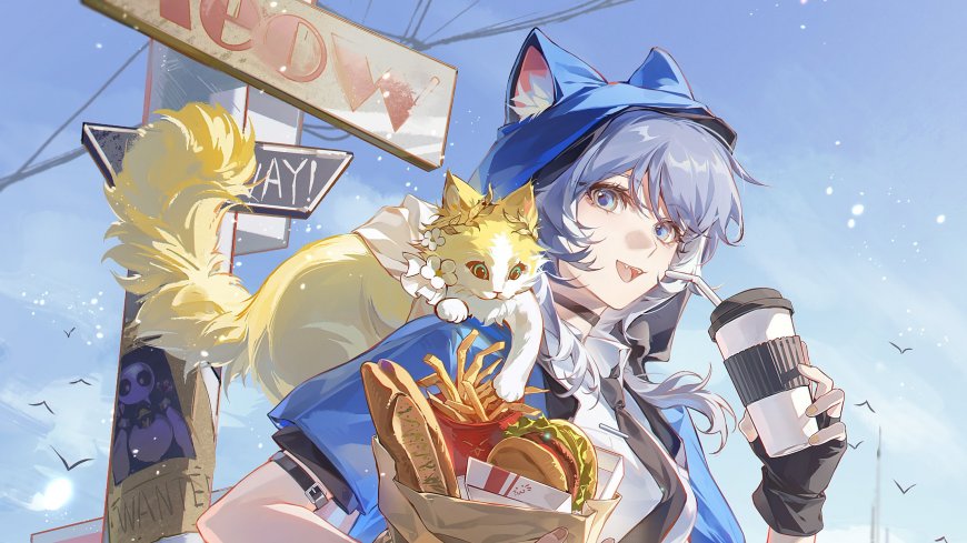 蓝发猫耳少女怀抱橘猫手捧快餐袋蓝天白云动漫电脑壁纸