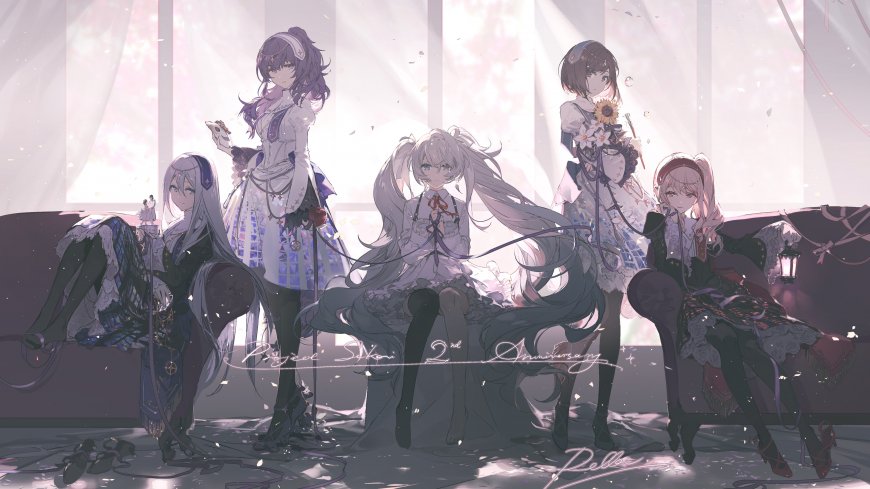 五位少女华服聚会粉紫梦幻动漫电脑壁纸