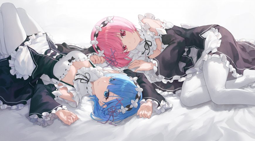 Re从零开始的异世界生活拉姆雷姆女仆装躺卧白背景动漫电脑壁纸