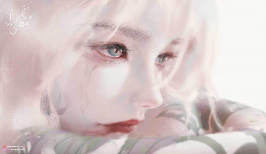 蓝眸少女泪光朦胧粉白唯美动漫电脑壁纸
