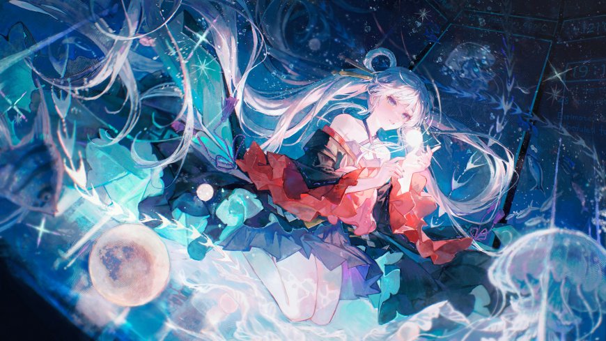 深海幻想银发少女红裙飘逸蓝紫梦幻动漫电脑壁纸