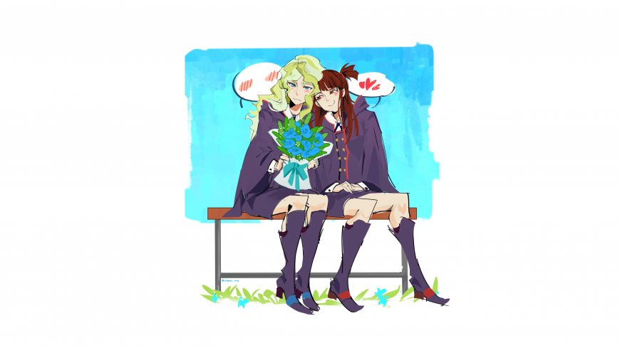 魔法少女小圆晓美焰与巴麻美校园长椅互动蓝紫动漫电脑壁纸