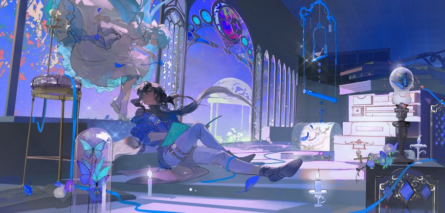 蓝紫梦幻教堂少女坐地阅读蝴蝶环绕动漫电脑壁纸