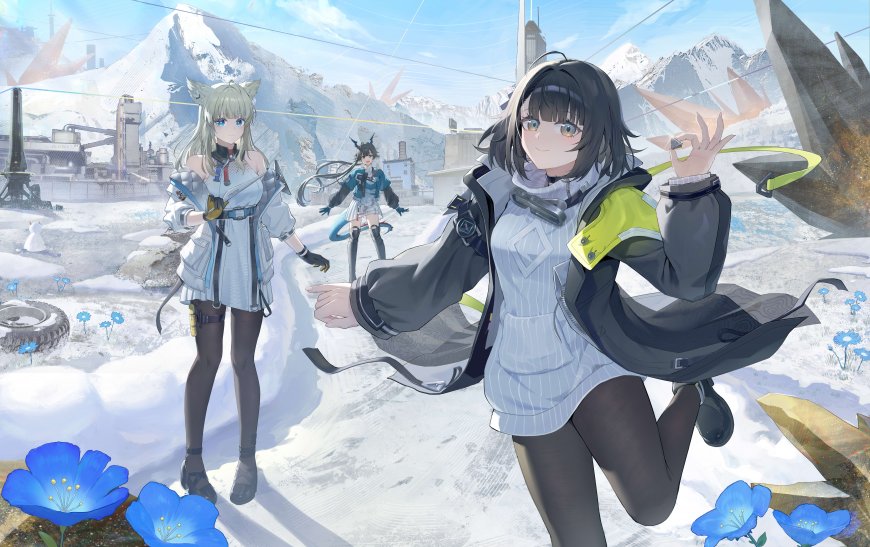 明日方舟少女雪山与蓝花背景游戏人物电脑壁纸