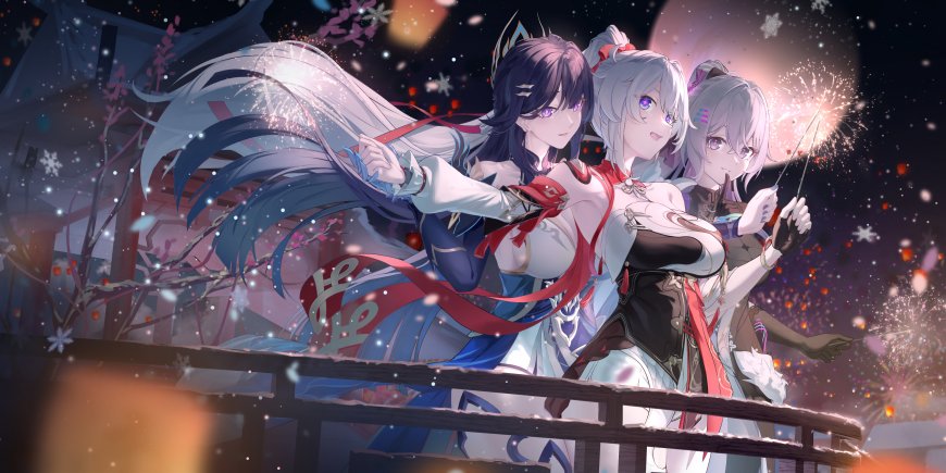 崩坏星穹铁道海灯节三少女桥上烟花雪夜唯美动漫电脑壁纸