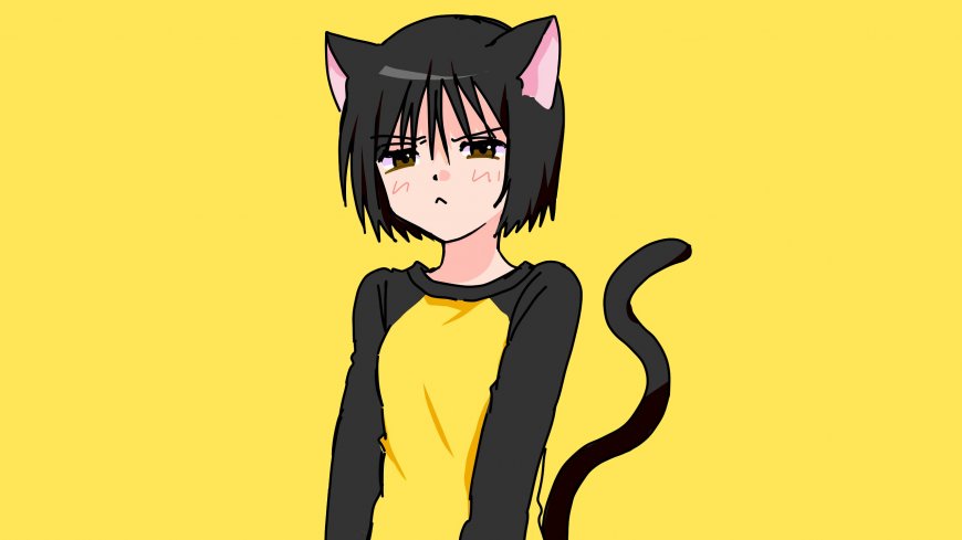 黑发猫耳少女黄衣黑袖粉颊动漫电脑壁纸