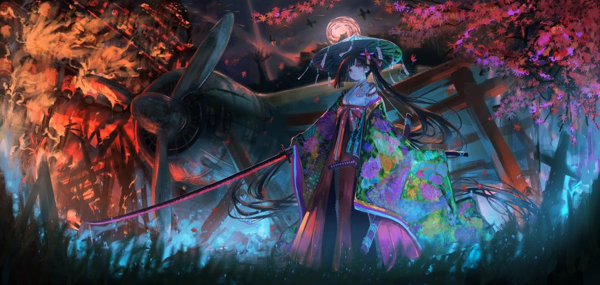 和风少女持刀立于坠毁战机旁紫红夜樱动漫电脑壁纸