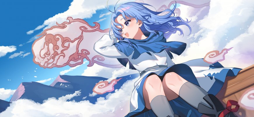 东方Project云居一轮蓝发少女云端坐姿蓝天白云动漫电脑壁纸