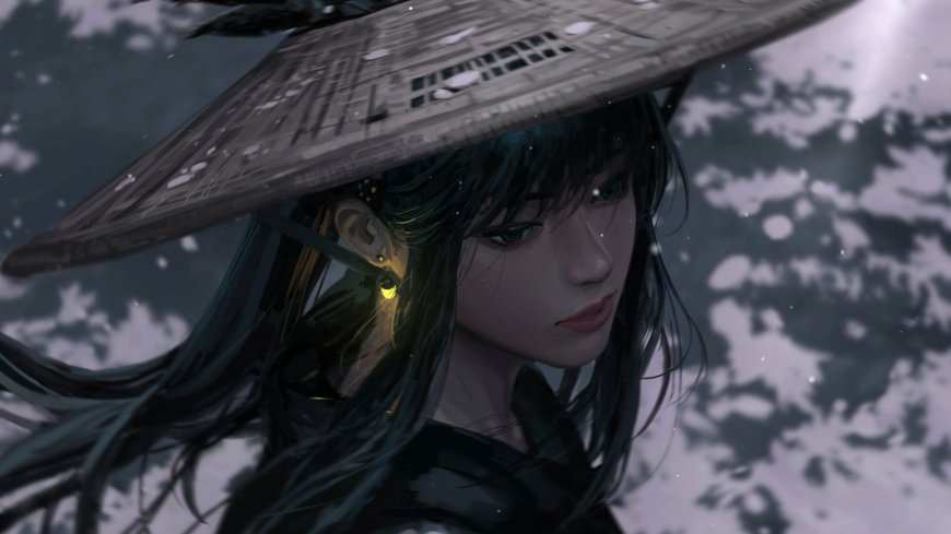 古风少女斗笠遮面青丝飘雪暗紫动漫电脑壁纸