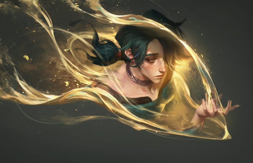 魔法少女金光流转长发飘逸暗金奇幻动漫电脑壁纸