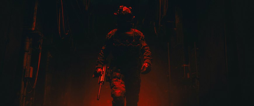 全副武装士兵持枪前行暗红军事科技电脑壁纸