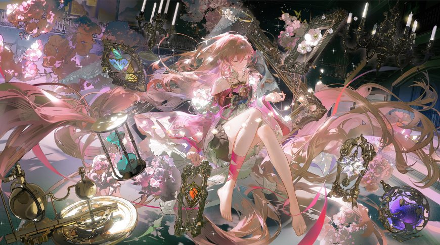 粉发少女樱花环绕华丽装饰梦幻粉紫动漫电脑壁纸