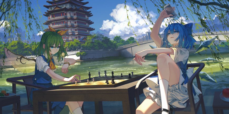 东方Project大妖精琪露诺湖畔柳树下棋古风塔楼动漫电脑壁纸