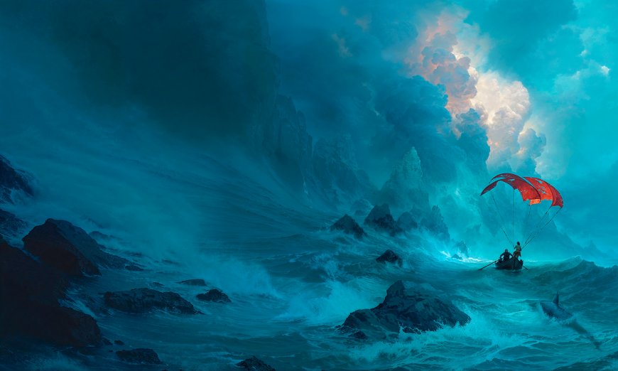 巨浪汹涌红伞小舟穿行深蓝风暴海景奇幻电脑壁纸