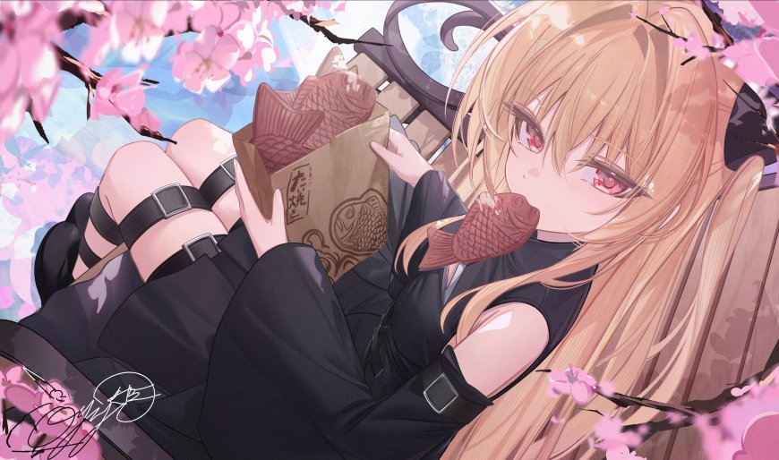金发红瞳少女樱花树下吃鲷鱼烧粉紫动漫电脑壁纸