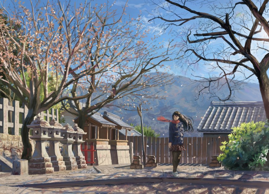 樱花树下少女红围巾飘扬蓝白清新动漫电脑壁纸