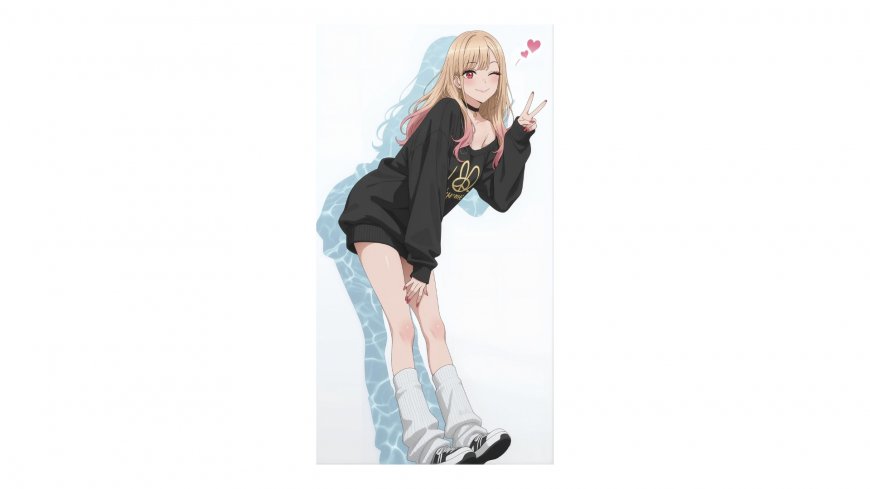 金发粉梢少女黑衣比耶微笑粉紫动漫电脑壁纸