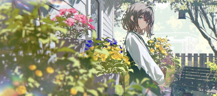 动漫少女庭院捧花浅绿暖光唯美插画电脑壁纸