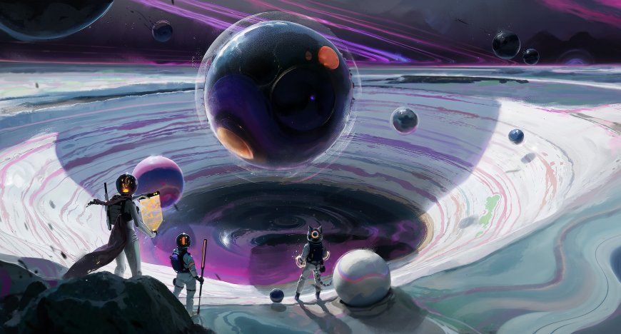 太空探索宇航员凝望奇异地貌紫蓝漩涡科幻电脑壁纸