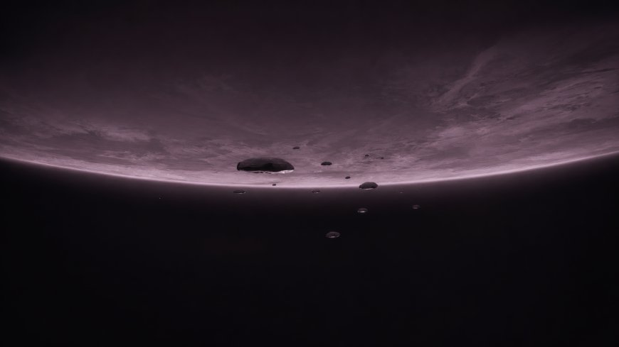暗紫星云环绕巨行星悬浮陨石暗黑太空科幻电脑壁纸