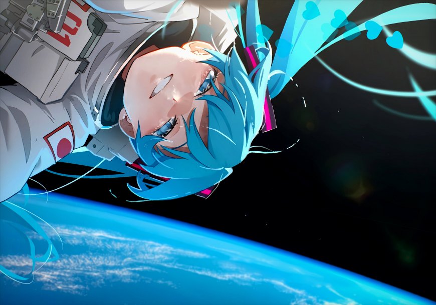 初音未来宇航服漂浮地球背景蓝黑动漫电脑壁纸