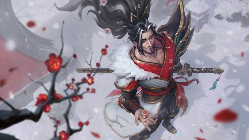 英雄联盟亚索樱花雪景红白古风动漫电脑壁纸