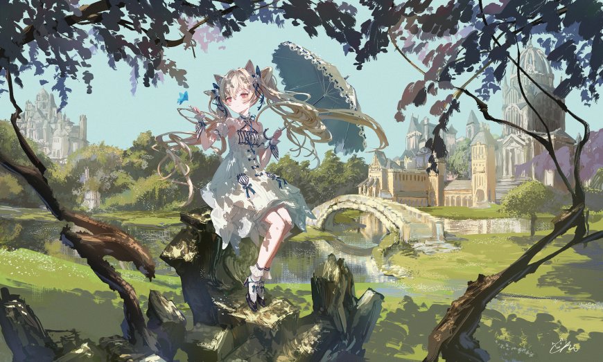 猫耳少女白裙持伞坐树桩绿意盎然梦幻古风动漫电脑壁纸